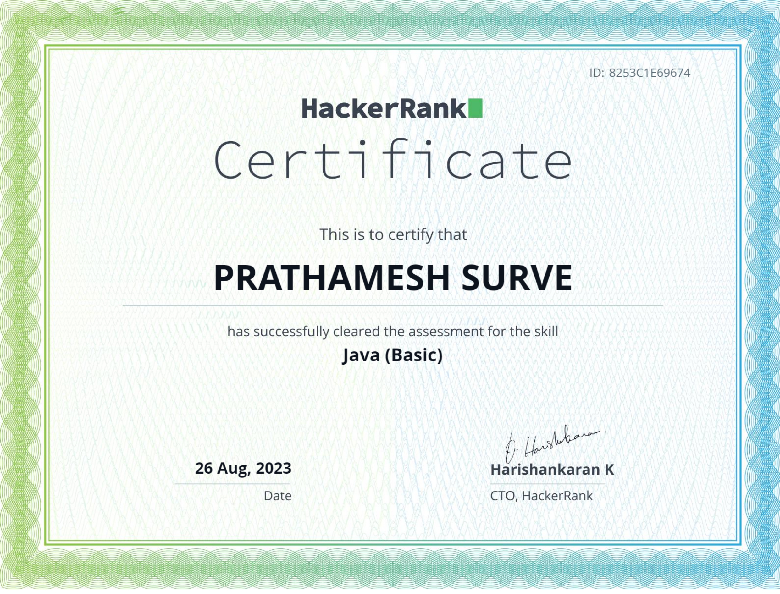 Java (Basic) certificate by HackerRank